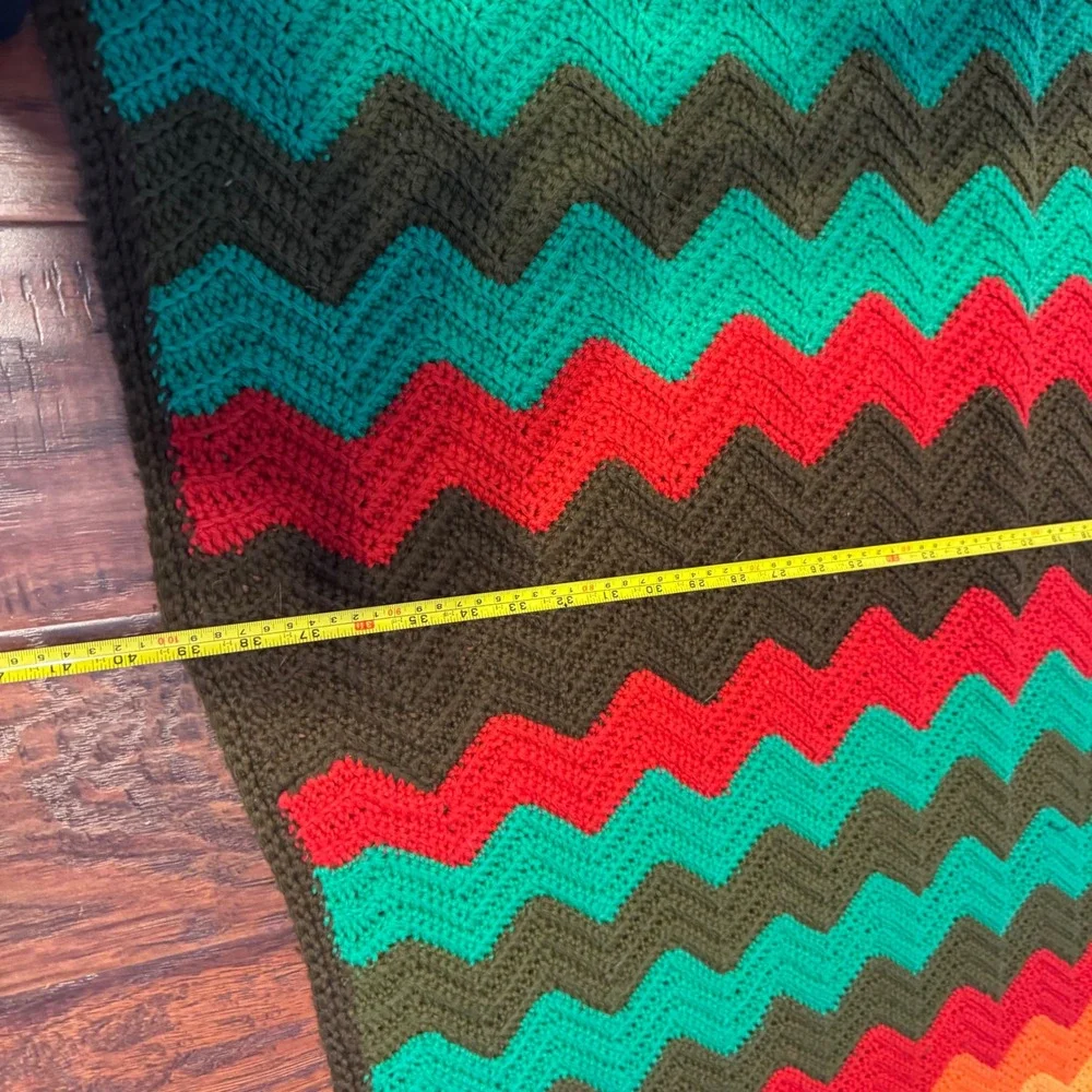 Vtg Handmade Crochet Afghan Blanket Zigzag Chevron Multi-Color 39x74 70s Boho